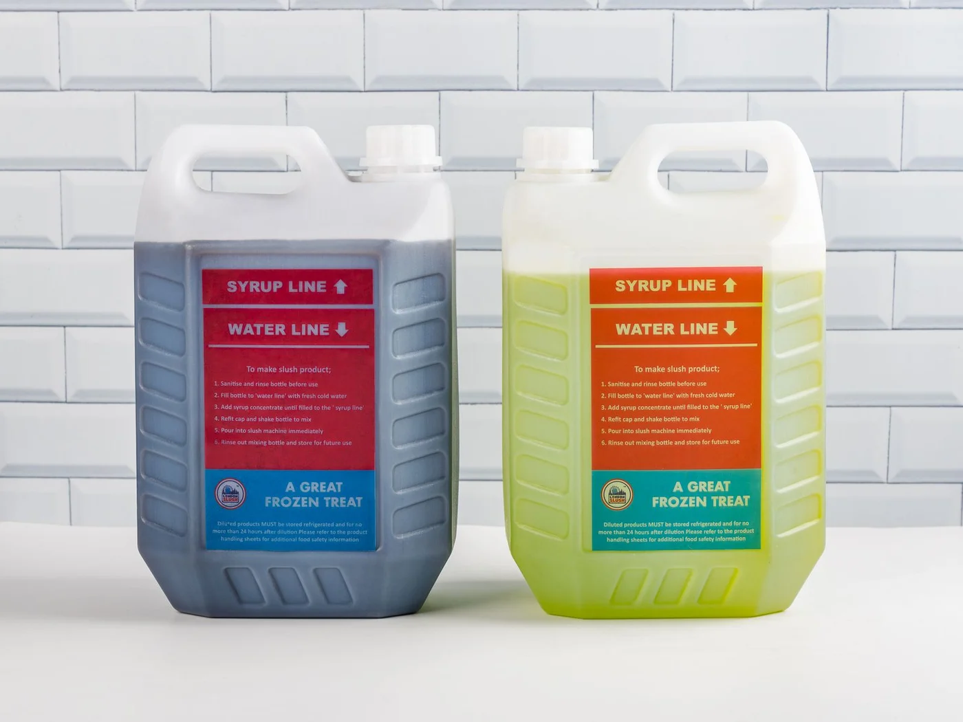 Labels applied to handled plastic syrup containers