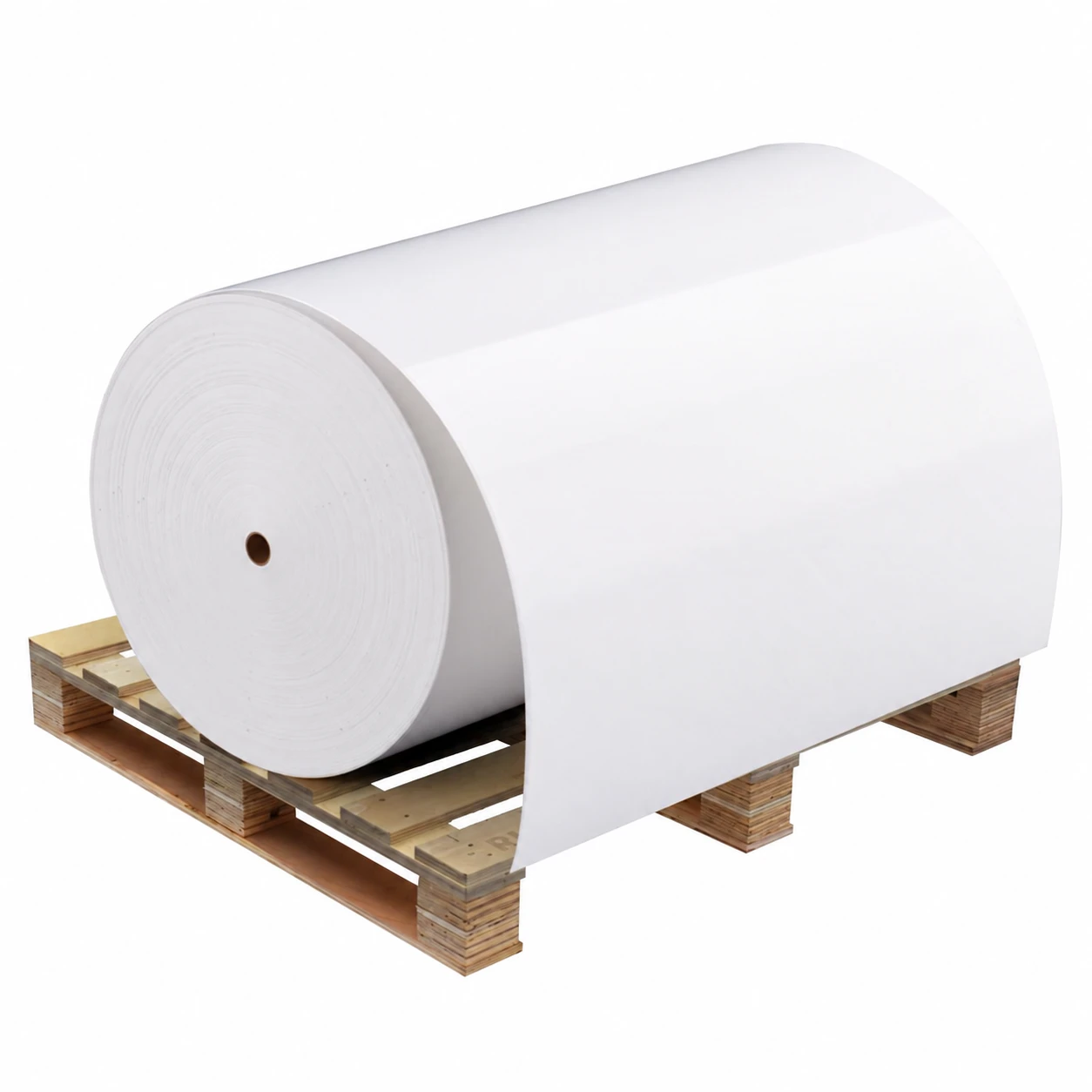 Coated self-adhesive paper roll with an unwound web on a pallet